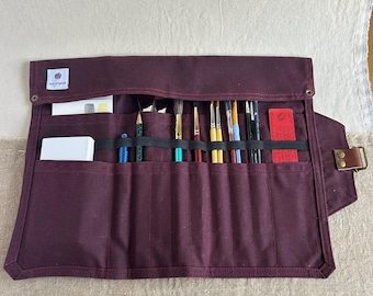 Cranberry Waxed Canvas Paint Brush Roll, Artist Organizer, Wisconsin Handmade
