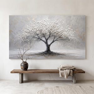 Large Silver Trees Oil Painting on Canvas Original Wabi Sabi White Wall Art, Tree of Life Canvas,Framed Nature Inspired Gift