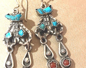 Spectacular Vintage Mexico sterling silver turquoise carnelian  chandelier earrings