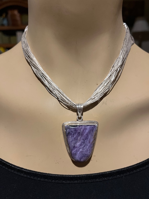 Vintage liquid silver necklace with large Charoite