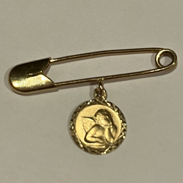 Milor Italy 14 karat gold, safety pin with cherub, charm guardian angel