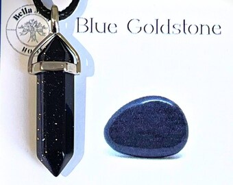 Blue Goldstone 6-Point Pendant - Vitality Drive Ambition Crystal Throat and Third Eye Chakra Healer - In Organza Pouch with Info Card