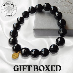 Bracciale di lusso con perline sfaccettate di ossidiana nera da 10 mm - Argento sterling 925 - Assorbe la purificazione dell'energia negativa - Confezione regalo con scheda informativa