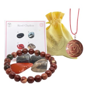 Red Jasper Chakra Crystal Pack - Tourmaline Hematite Red Jasper Smoky Quartz - Con pulsera o collar (según se elija) Bolsa y tarjeta de información Incl