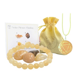 Solar Plexus Chakra Crystal Pack - Citrino Calcita Ojo de Tigre Amarillo Aventurina -Con Pulsera o Collar (según se elija) Bolsa y Tarjeta de Información Incl