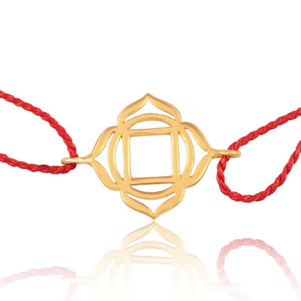 Root Chakra Bracelet with Red Silk Thread and 18k Gold Plated Root Charm Symbol - For Healing and Wellness - Sent in Gift Pouch