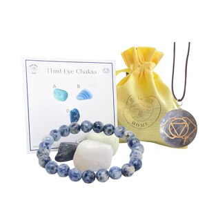 Third Eye Chakra Crystal Pack - Amazonite Blue Lace Agate Sodalite - Con pulsera o collar (según se elija) enviado con bolsa y tarjeta de información