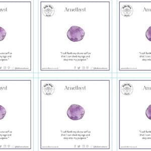Conjunto de 6 tarjetas de información de cristal de amatista de propiedades curativas Asociaciones de Chakra Feng Shui - Se publicarán tarjetas físicas en papel de 160 gsm