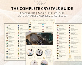 May include: A four-page guide to crystals, with a colorful illustration of various crystals and their names. The guide includes information on how to use crystals for different purposes.