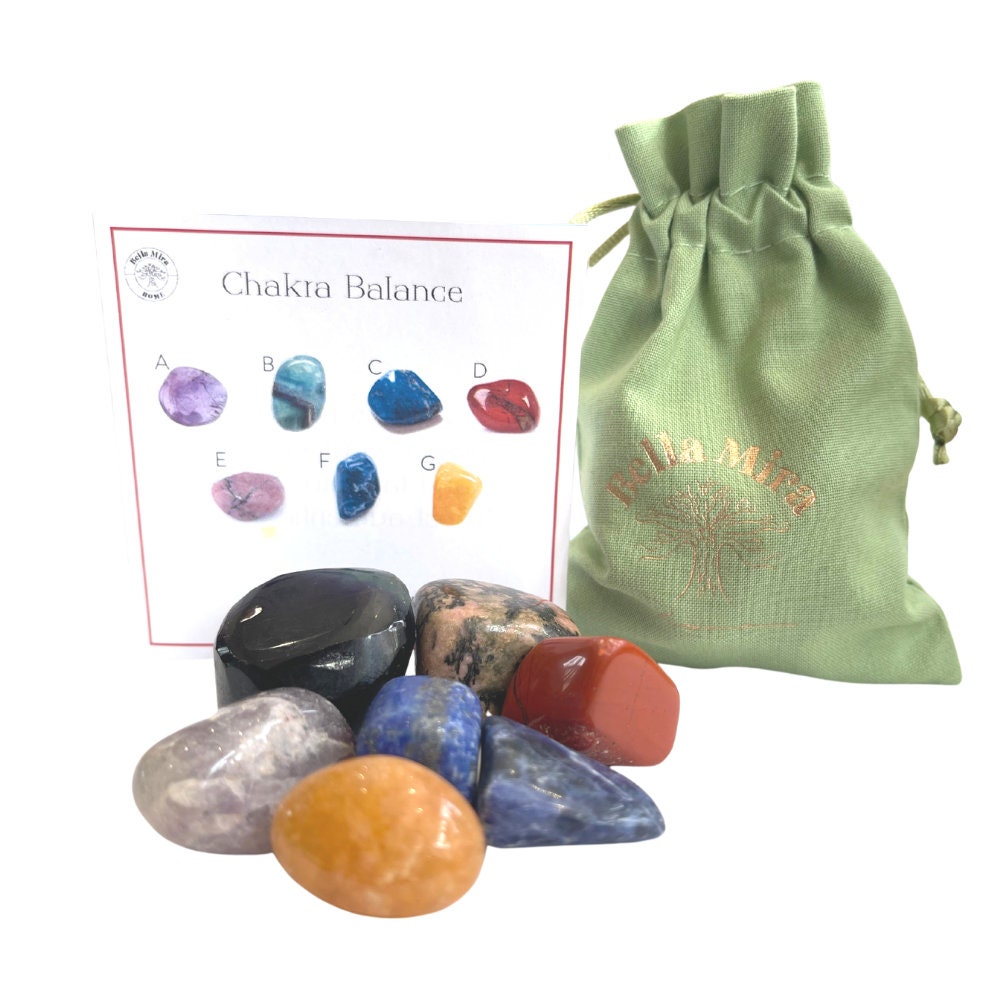 chakra balance crystal gift pack - améthyste sodalite lapis fluorite jaune rhodonite rouge jaspe avec healing info card in pouch