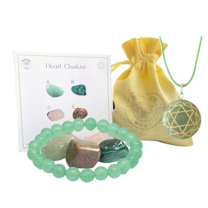 Heart Chakra Crystal Pack - Green Aventurine Malachite Rose Quartz Unakite - Con pulsera o collar (según se elija) Bolsa y tarjeta de información Incl