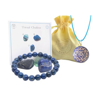 Paquete de cristal de Chakra de garganta - Sodalita de lapislázuli de fluorita - Con pulsera o collar (según se elija) enviado con bolsa y tarjeta de información