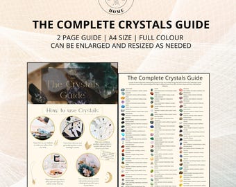 Puede incluir: Una guía de dos páginas sobre cristales, que presenta una lista de cristales y sus propiedades. La guía incluye una sección sobre cómo usar los cristales, con ilustraciones de diferentes formas de incorporarlos a tu vida diaria.