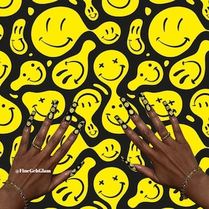 Trippy | Black and Yellow Nails | Smiley Face Nails | Custom Press Ons
