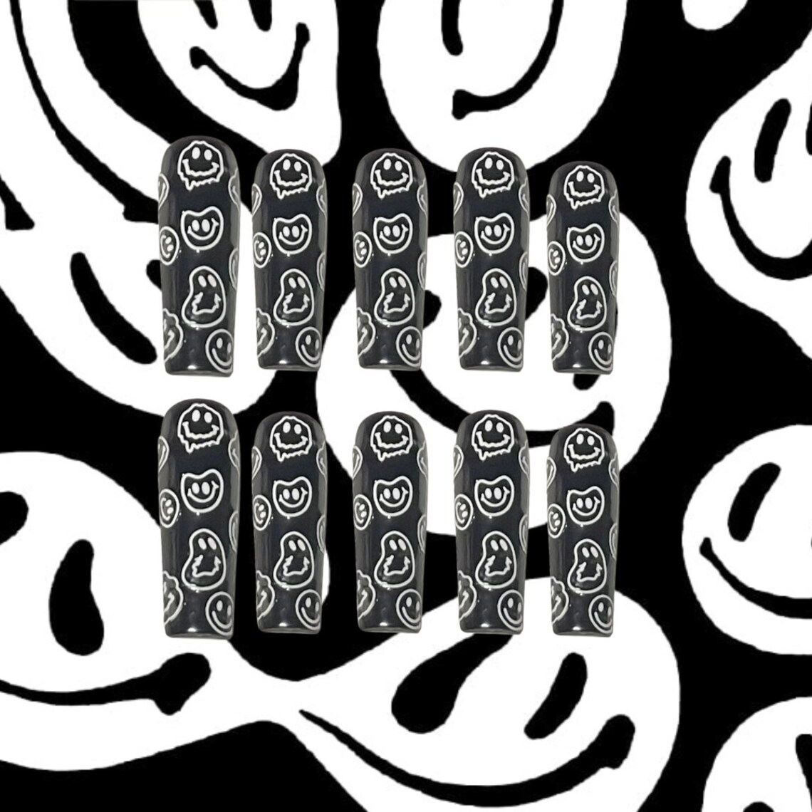 Trippy Black Black and White Nails Smiley Face Custom Etsy