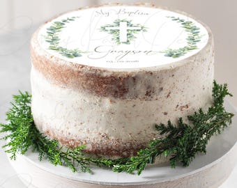 Personalized Baptism Cake Topper, Green Cross Christening Edible Image Decoration