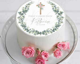 Floral Cross First Communion Cake Topper, Personalized Edible Image
