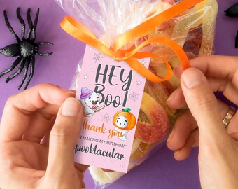 May include: Pink thank you tag with a ghost and pumpkin illustration. The tag says "Hey Boo! Thank you for making my birthday spooktacular."