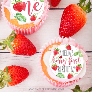 Strawberry Edible Topper, Strawberry Birthday Edible Topper, Strawberry cupcakes or cookies, 1st Strawberries Topper, Strawberry Birthday.