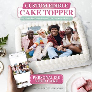 Custom Edible Photo Cake Pictures on frosting Paper, Custom Cupcakes, Cookie Toppers Photographs Logos Decals, Sugar Sheet Paper Frosing.