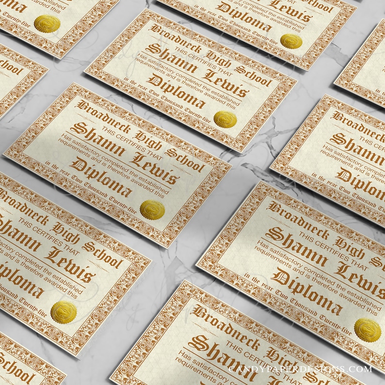 May include: A gold and brown diploma with a gold seal. The diploma reads "Broadneck High School" and "This certifies that Shamn Lewis has satisfactory completed the established requirements and is therefore awarded this Diploma in the year Two Thousand Twenty-five."
