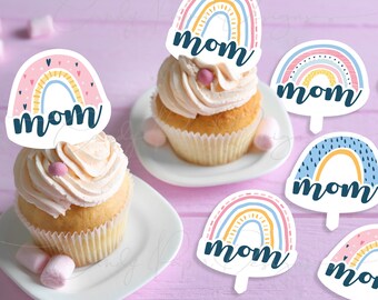 Mother's Day Cupcake Topper, Mom rainbow Edible topper, Mom topper, Edible Cake topper, Cake Topper.