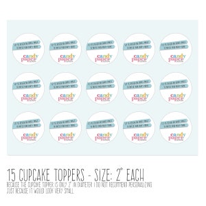 May include: Fifteen 2-inch round cupcake toppers with a blue background and a colorful logo that says "Candy Paper Designs". The text on the toppers says "Let us design an edible image to match your party theme".
