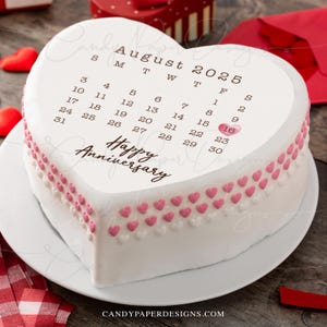 2025 Calendar Edible Heart-Shaped Cake Topper, Calendar Heart, Personalized Edible Topper. For Birthday, Wedding, Anniversary, Graduations.