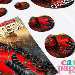 May include: A red and black Spider-Man themed birthday party set with a card that says "Happy Birthday Carson" and several round stickers with a Spider-Man image.