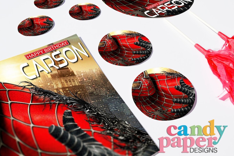 May include: A red and black Spider-Man themed birthday party set with a card that says "Happy Birthday Carson" and several round stickers with a Spider-Man image.