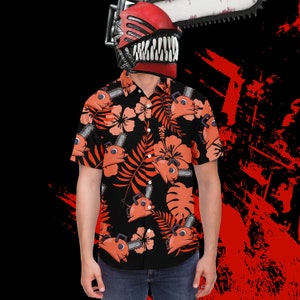May include: Black button-up shirt with a repeating orange chainsaw design, tropical flowers, and leaves. The person is wearing a red chainsaw helmet. The background is black with red splatter.