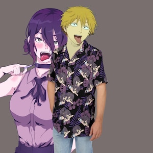 May include: A black button-up shirt with a purple anime character pattern and purple floral accents. The shirt is worn with light blue jeans. An anime character is in the background.