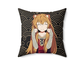 May include: Square cushion featuring an anime character with long blonde hair and a red and white outfit. The cushion has a black background with a gold wave pattern.