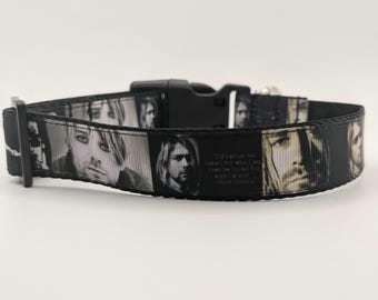 Kurt Cobain Nirvana inspired 1" wide dog collar 11" - 17" adjustable black hardware lightweight