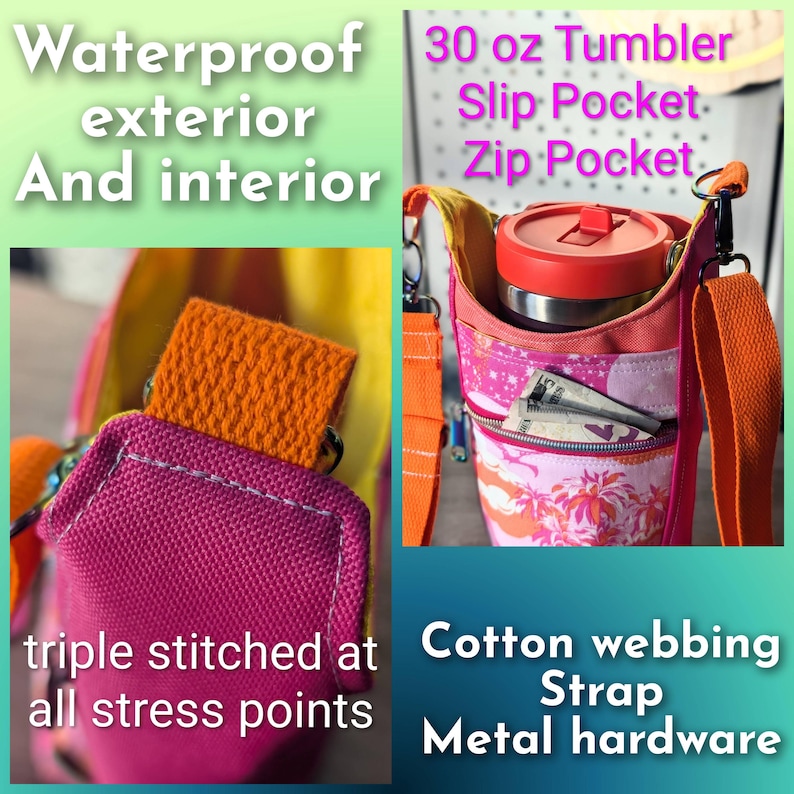 May include: A pink and orange fabric tumbler carrier with a 30 oz tumbler, slip pocket, and zip pocket. It features a cotton webbing strap, metal hardware, waterproof exterior and interior, and triple stitching at all stress points.