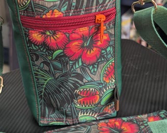 Venus Fly Trap and Hibiscus waterproof water bottle crossbody bag - Compact size