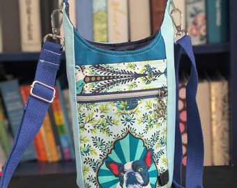 Tula Pink Boston Terrier waterproof water bottle crossbody bag -Standard size (blue)