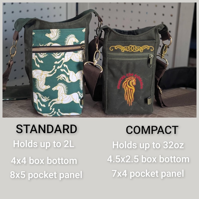 May include: Two olive green canvas crossbody bags with brown straps and gold hardware. The standard bag features a green pocket with a white horse pattern. The compact bag has a yellow embroidered scroll and a red horse head with text.