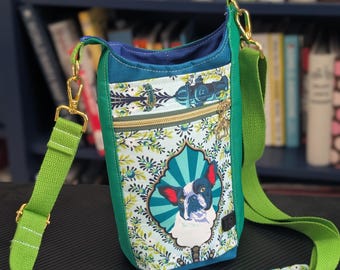 Tula Pink Boston Terrier waterproof water bottle crossbody bag -Standard size (green)