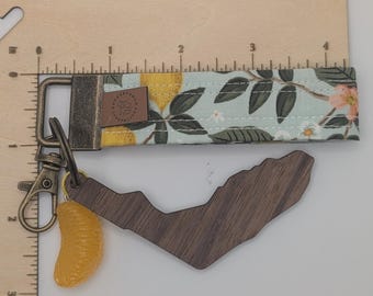 Florida Orange and lemon themed wrist key fob with wooden state and orange slice rifle paper