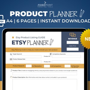 Puede incluir: Una guía de planificación de productos Etsy imprimible con una pegatina amarilla "NUEVO". La guía incluye secciones para palabras clave objetivo, fecha de lanzamiento del producto, investigación de productos, palabras clave de la competencia, título del producto y descripción del producto.