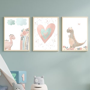 Pink Boho Dinosaur Nursery Print | Pastel Girl Room Wall Art | Floral Rainbow  Decor | Set of Three Digital Download