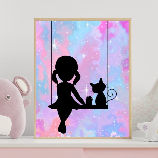 Cosmic Space Cat Print | Watercolor Night Sky Poster | Celestical Girl Swing Silhouette Decor | Little Girls Room Wall Art