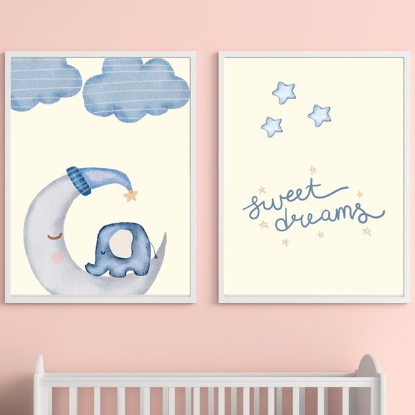 Sweet Dreams Sign, Baby Elephant on Sleepy Moon, Digital Nursery Prints for Boys Room, Unique Baby Boy Gift, Instant Download