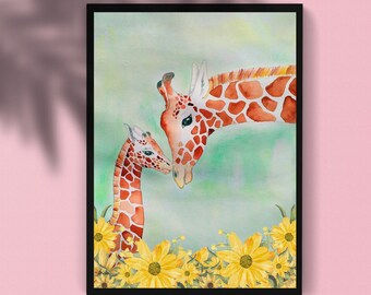 Watercolor Giraffe Print - Floral Safari Nursery Art - Baby Shower Gift - Digital File