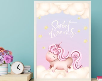 Girly Unicorn Wall Art | Pastel Cloud Decor | Baby Room Poster | 2 Year Old Girl Gift