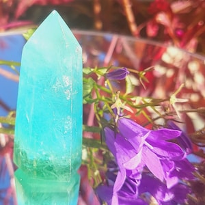 Könnte beinhalten: Eine türkisblaue Kristallspitze mit grüner Basis, die auf einer durchsichtigen Glasfläche liegt. Der Kristall ist von rosa und orangefarbenen Blumen umgeben.