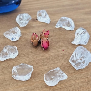 Puede incluir: Un círculo de piezas de vidrio transparente rodea dos capullos de rosa secos de color rosa y marrón.