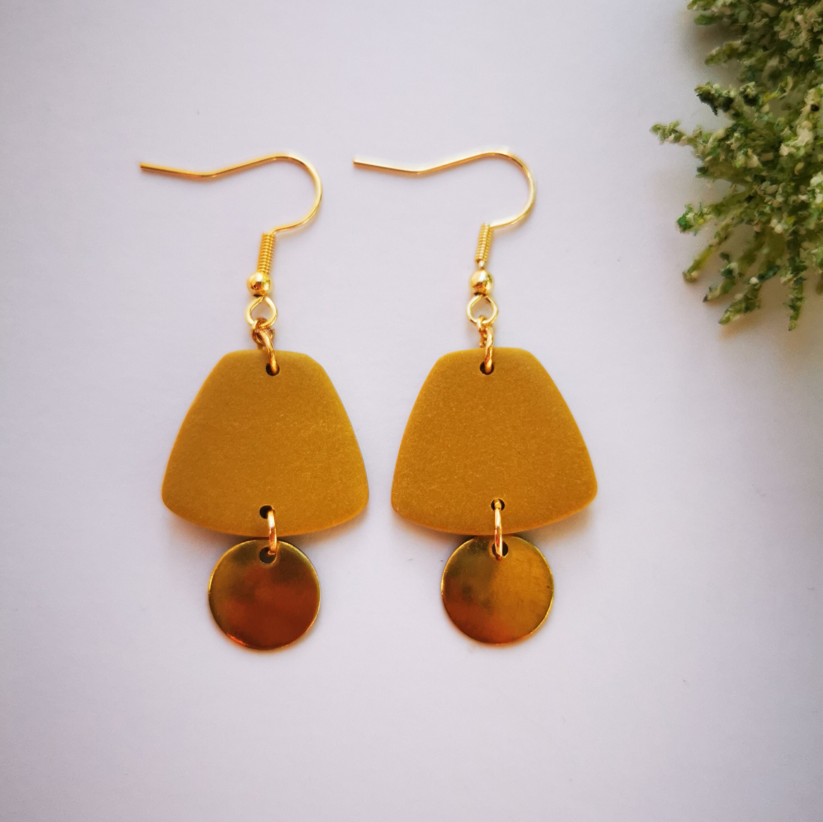 Mustard Drop Earrings Mustard Clay Brass Circles With Gold Etsy
