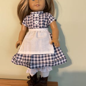 Blue and white plaid Pioneer dress and coordinating apron fits for 18 inch American dolls